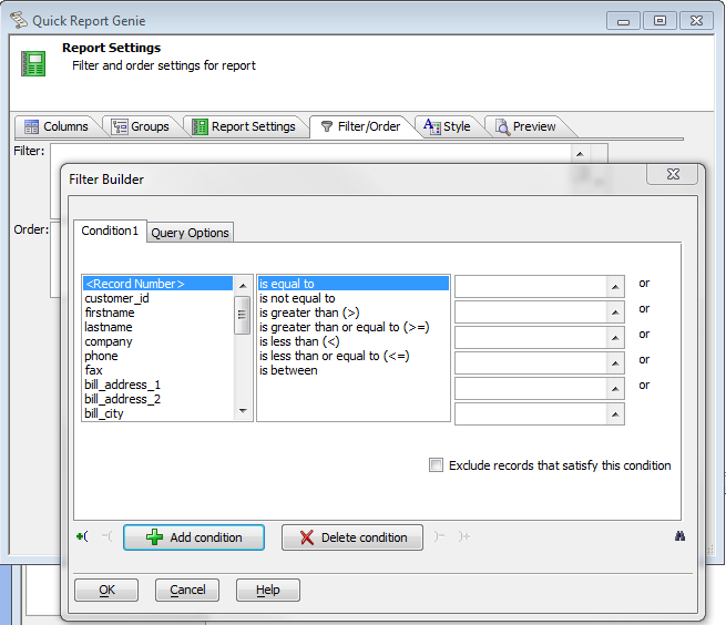 Quick Report Genie Filter Builder